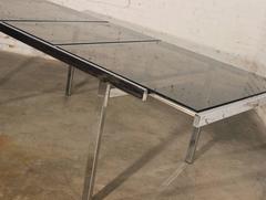 Milo Baughman Expandable Dining Table Chrome and Smoked Glass