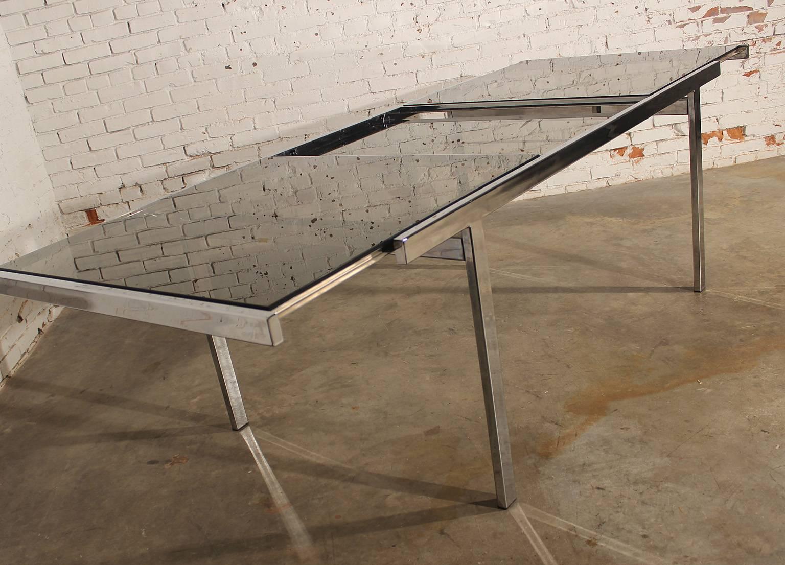 Milo Baughman Expandable Dining Table Chrome and Smoked Glass 1