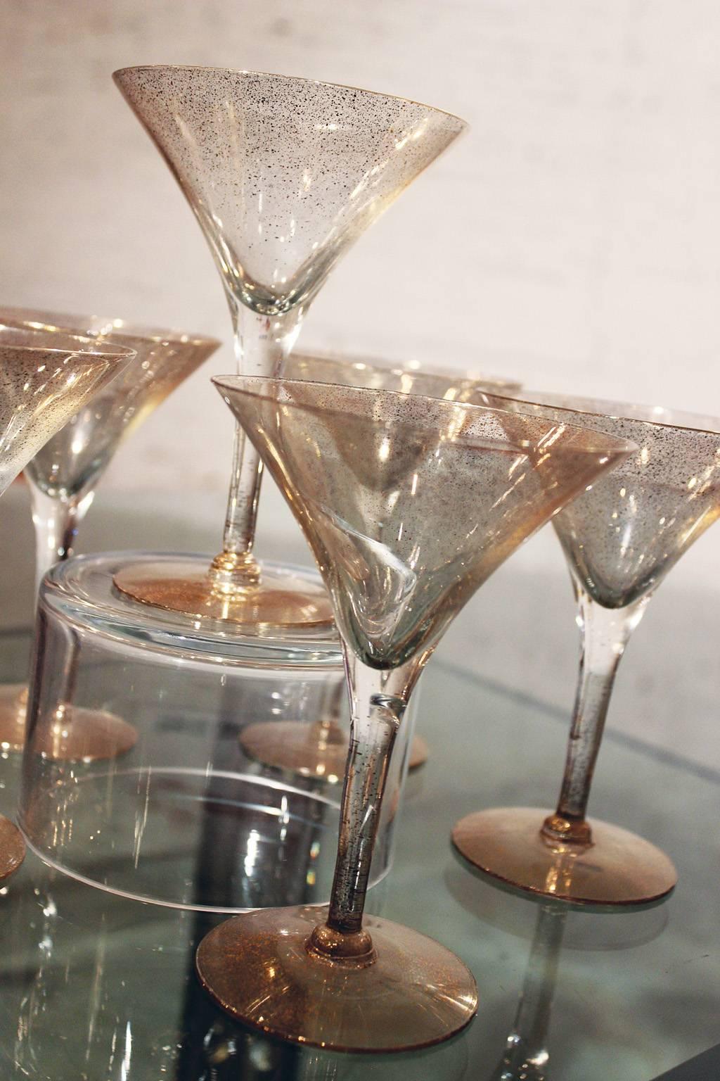 Mid-Century Modern Dorothy C. Thorpe Gold Fleck Martini Cocktail Glasses