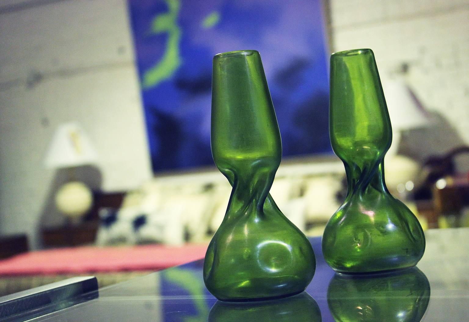 Unknown Green Bohemian Glass Vases in Style of Loetz For Sale