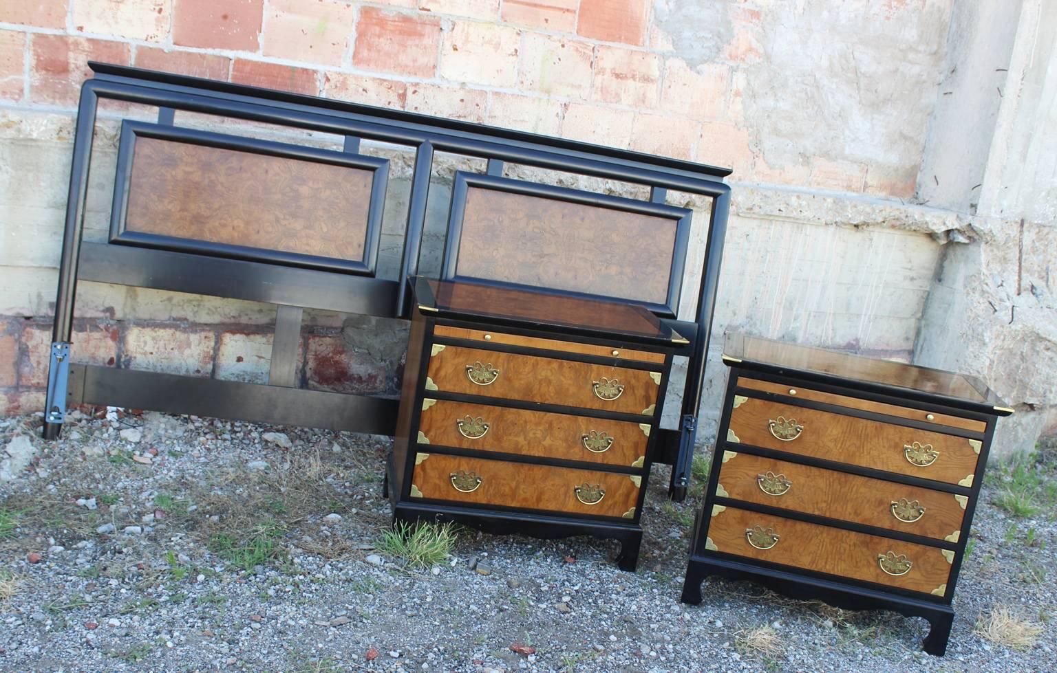 Century Furniture Chin Hua Style Nightstands, Ebonized Maple and Burl Ash In Good Condition In Topeka, KS