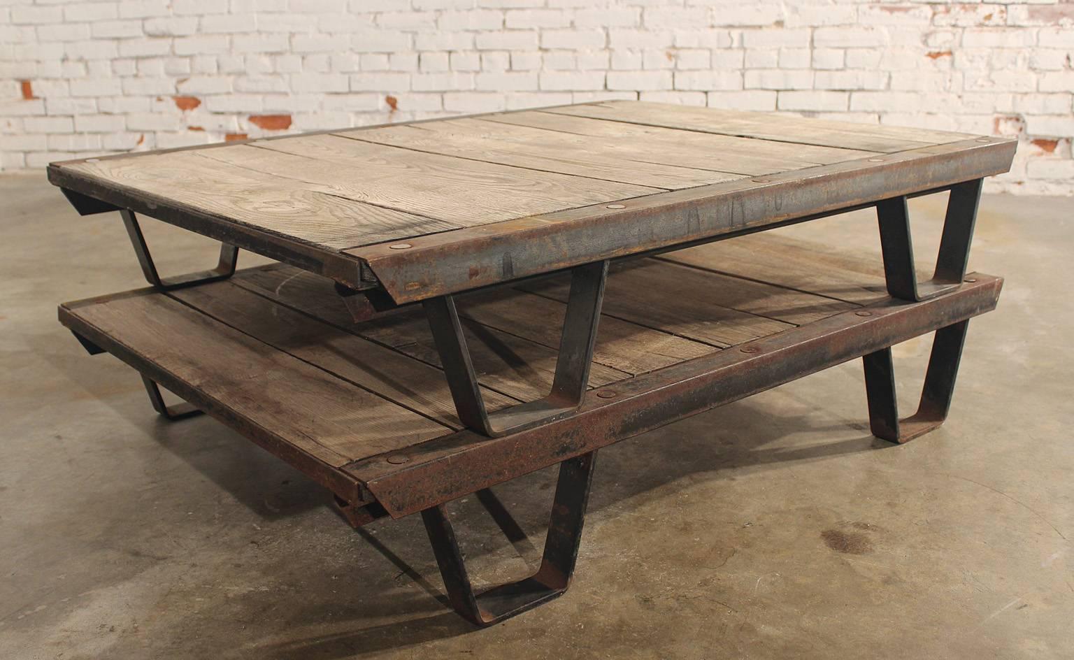 American 1930s Industrial Wooden Pallets Iron Rustic Frame For Sale