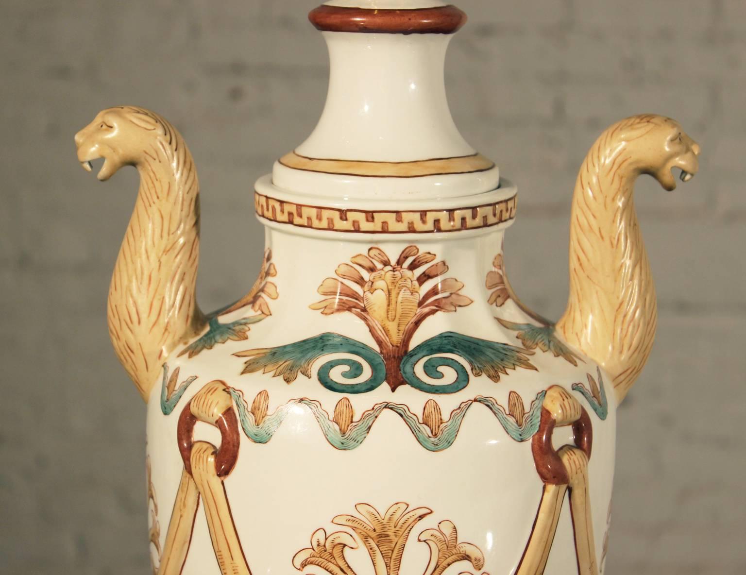 Philippine Maitland-Smith Porcelain Lamp with Lion Heads