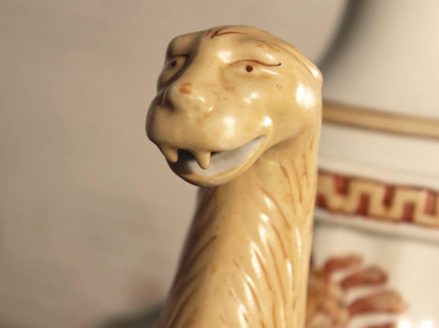 Painted Maitland-Smith Porcelain Lamp with Lion Heads