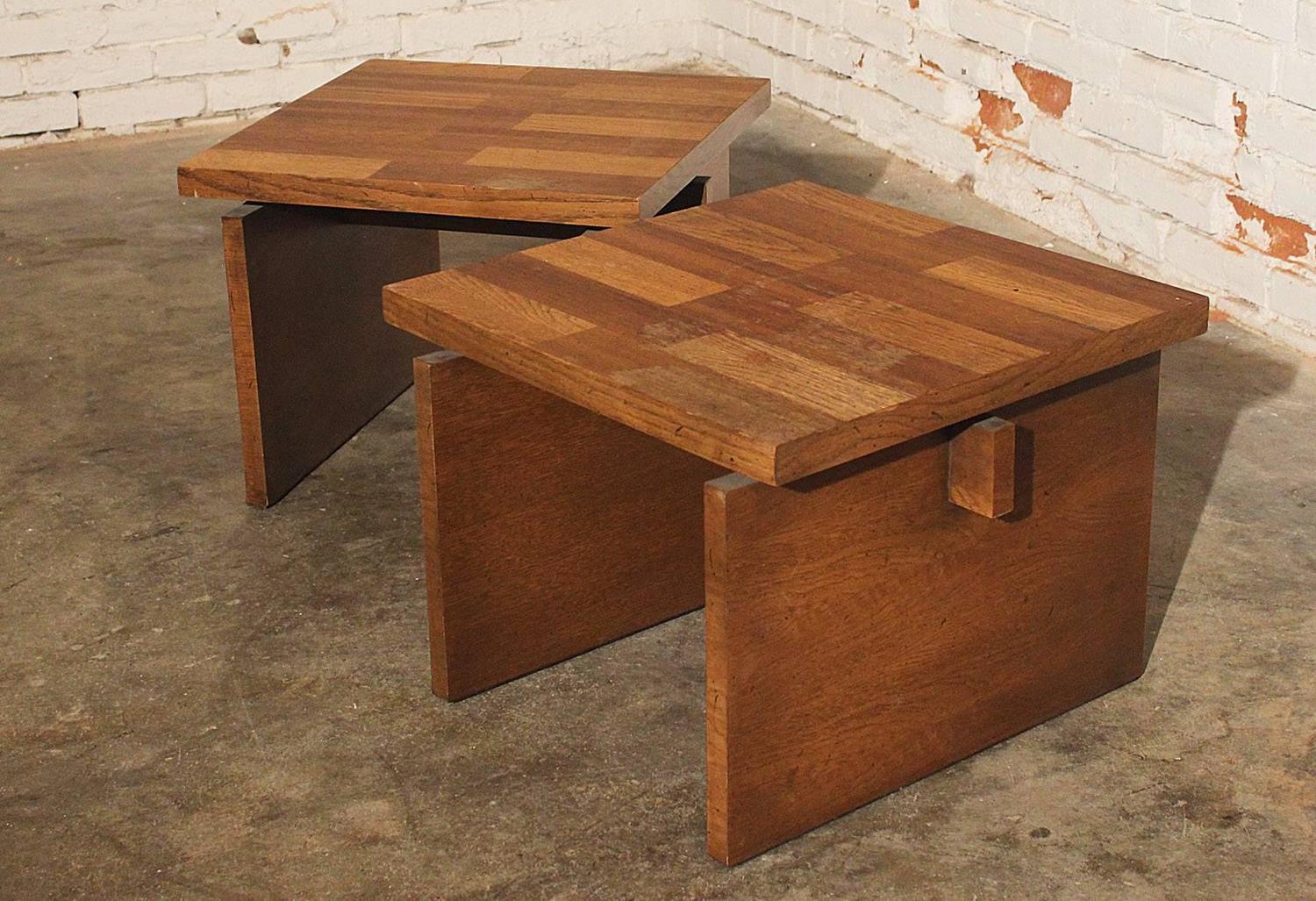 Lane Chunky Brutalist Oak End Tables at 1stdibs