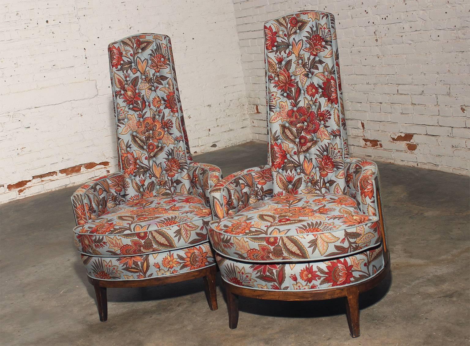 Pair of bold, bright and funky high tufted back lounge chairs in the style of Adrian Pearsall. In newly reupholstered condition.

Just take a look at this over the top pair of high back lounge chairs in the style of Adrian Pearsall. The chair