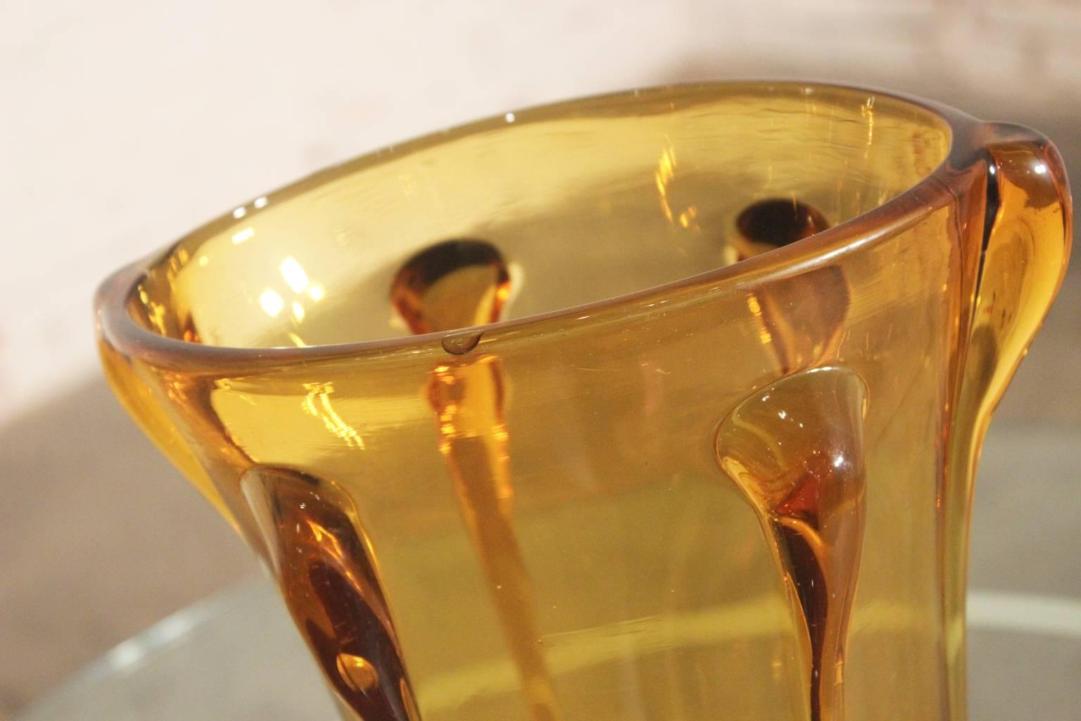 Mid-Century Modern Amber Art Glass Vase in the Style of Empoli Glass