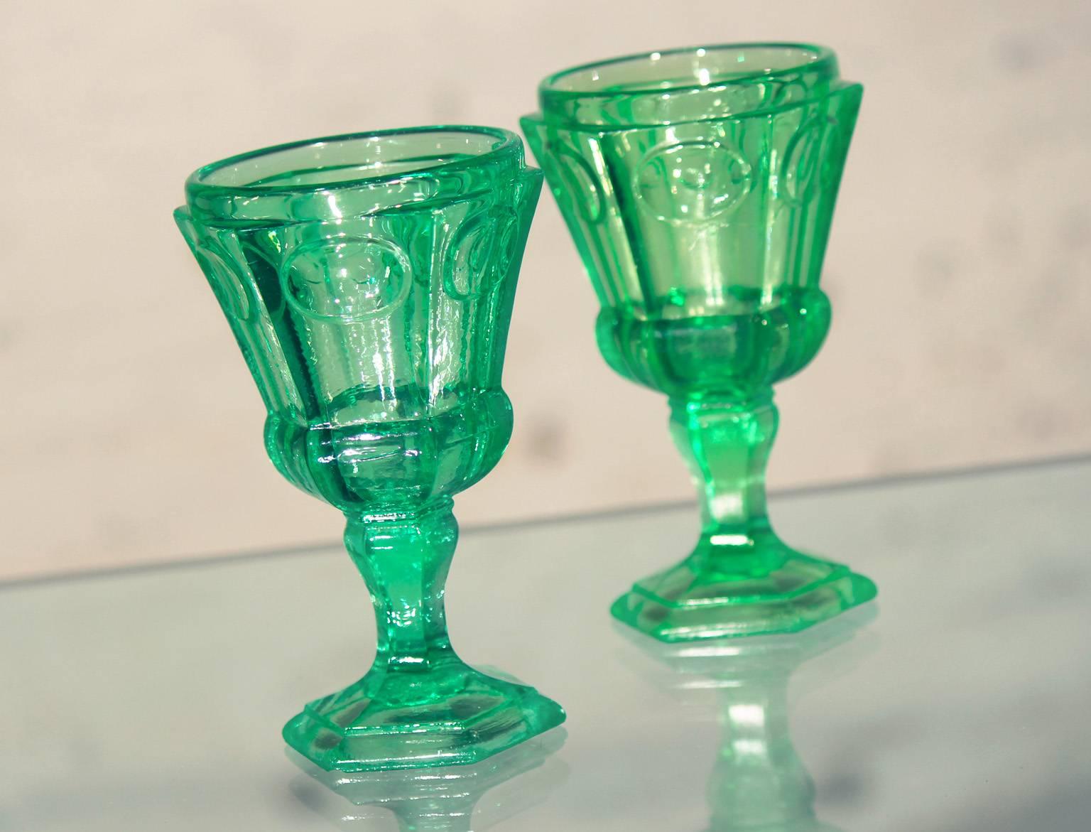 Gorgeous pair of Russian hexagonal goblets. Signed. Possibly Fedorovsky Brothers Glass Factory in Sudogda, Russia or Maltsov. Wonderful shade of green in wonderful antique condition. Please see long description for details.

Beautiful pair of