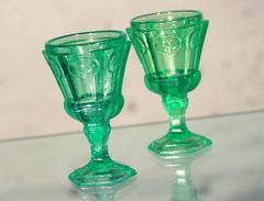 Russian Hexagonal Green Glass Water Goblets