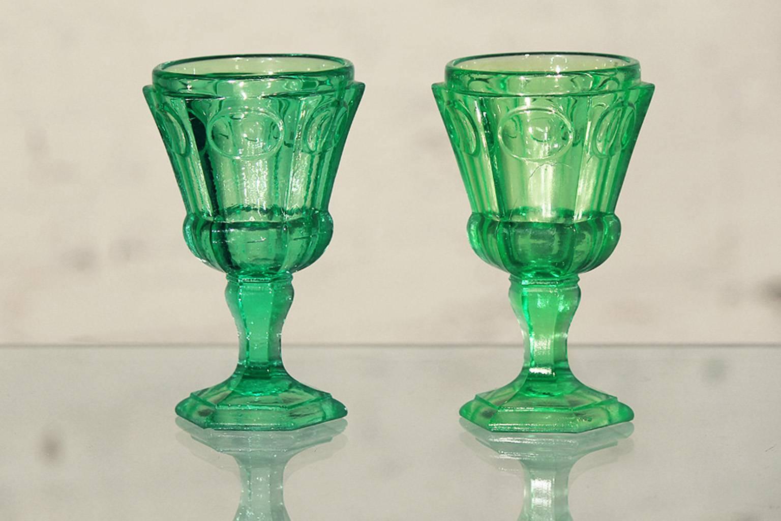 19th Century Russian Hexagonal Green Glass Water Goblets