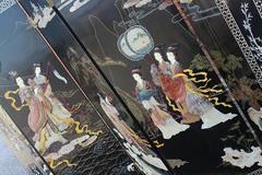 Asian Six-Panel Ebony Lacquer Folding Screen with Hardstone Carvings