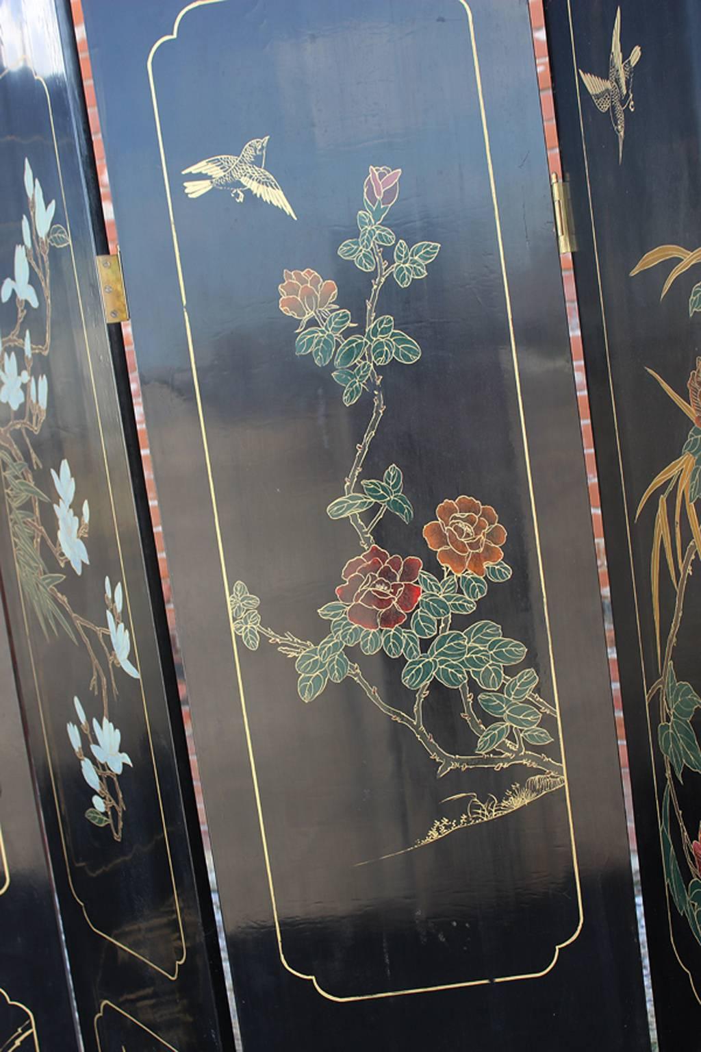 20th Century Asian Six-Panel Ebony Lacquer Folding Screen with Hardstone Carvings