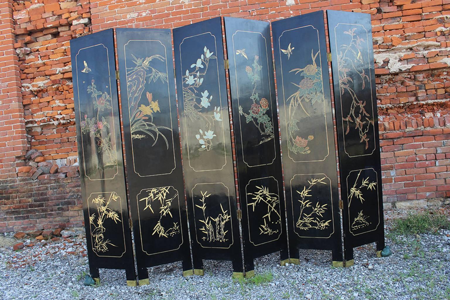 Asian Six-Panel Ebony Lacquer Folding Screen with Hardstone Carvings 2