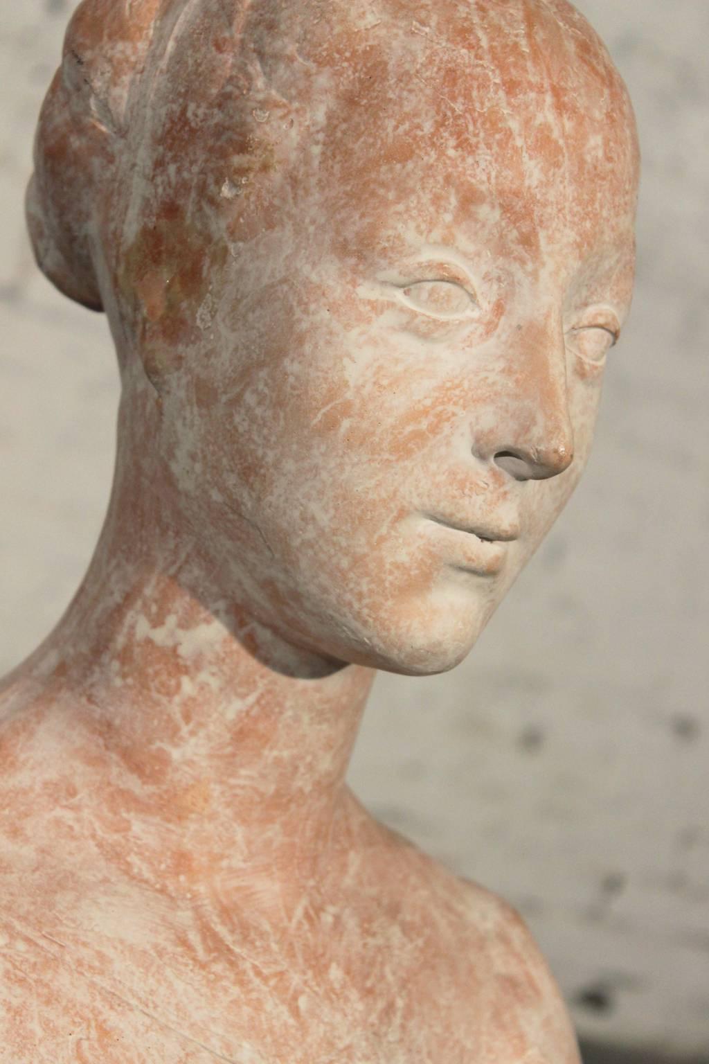 Patinated Art Nouveau, Art Deco Terracotta Plaster Female Bust