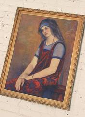 Portrait à l'huile d'une dame au voile bleu attribué à Lester A. Gillette