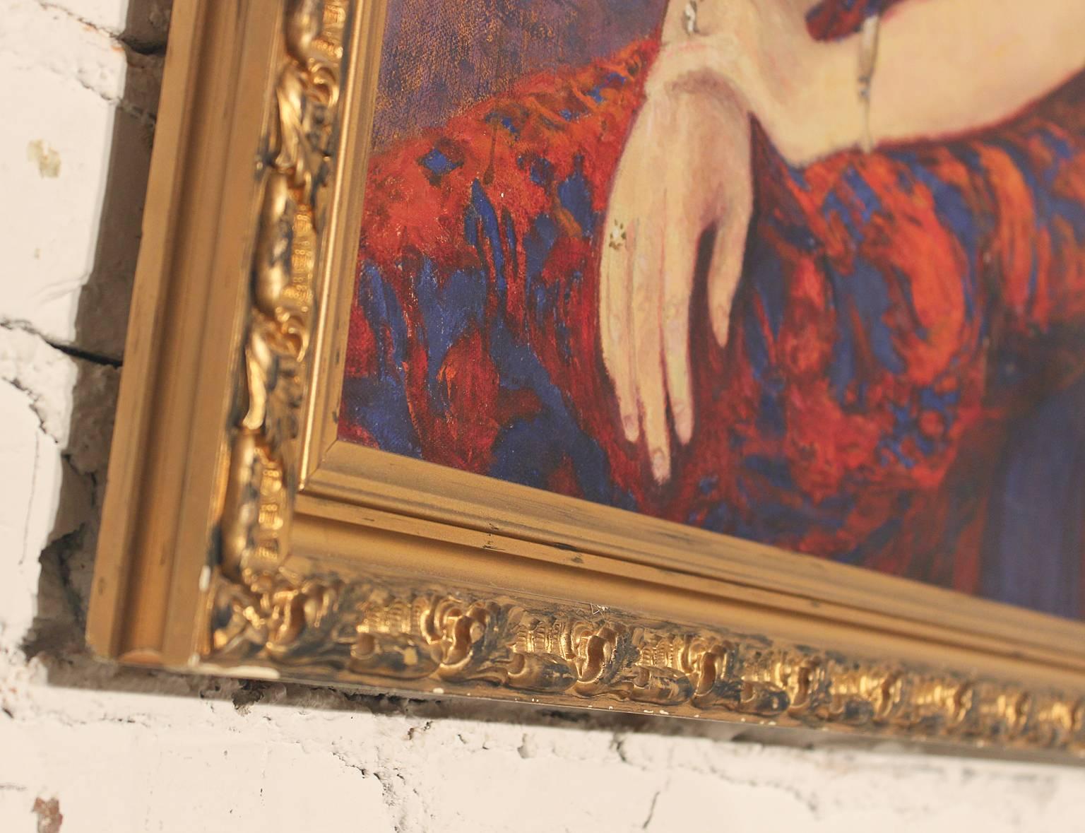 American Oil Portrait of Lady in Blue Veil Attributed to Lester A. Gillette