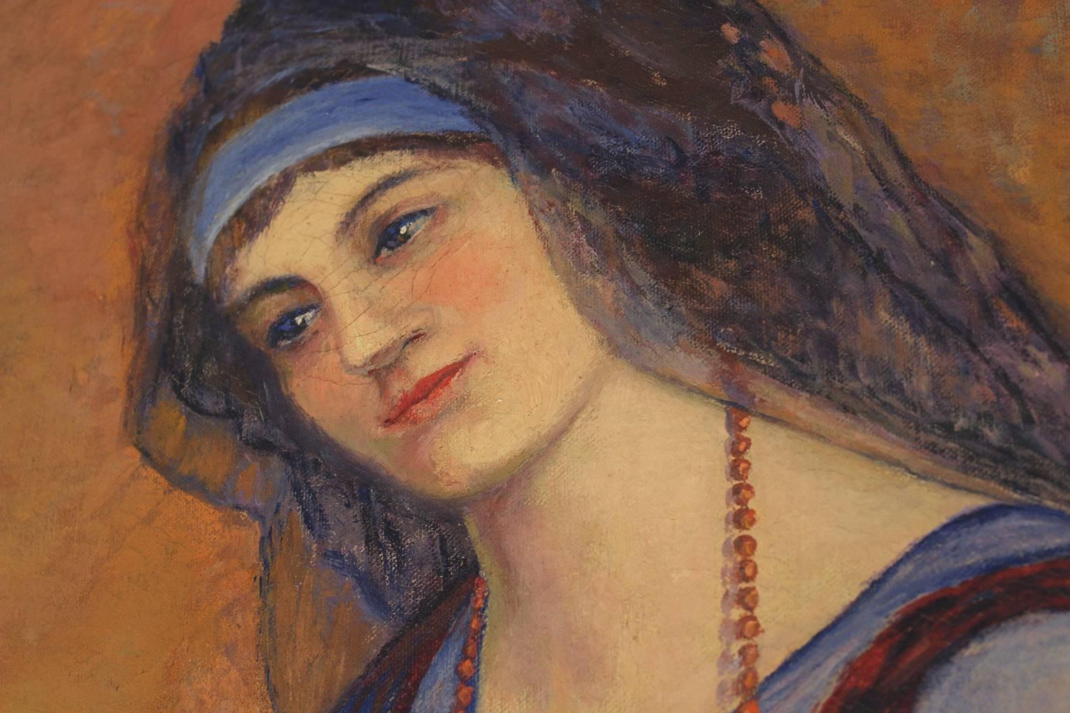 20th Century Oil Portrait of Lady in Blue Veil Attributed to Lester A. Gillette