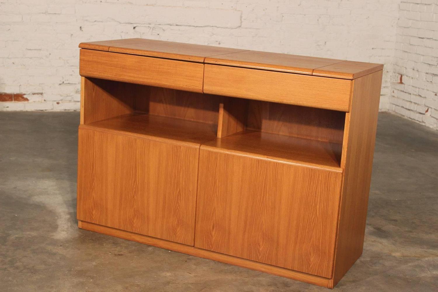 Vintage Danish Mid Century Modern Teak Dry Bar With Flip Out Top