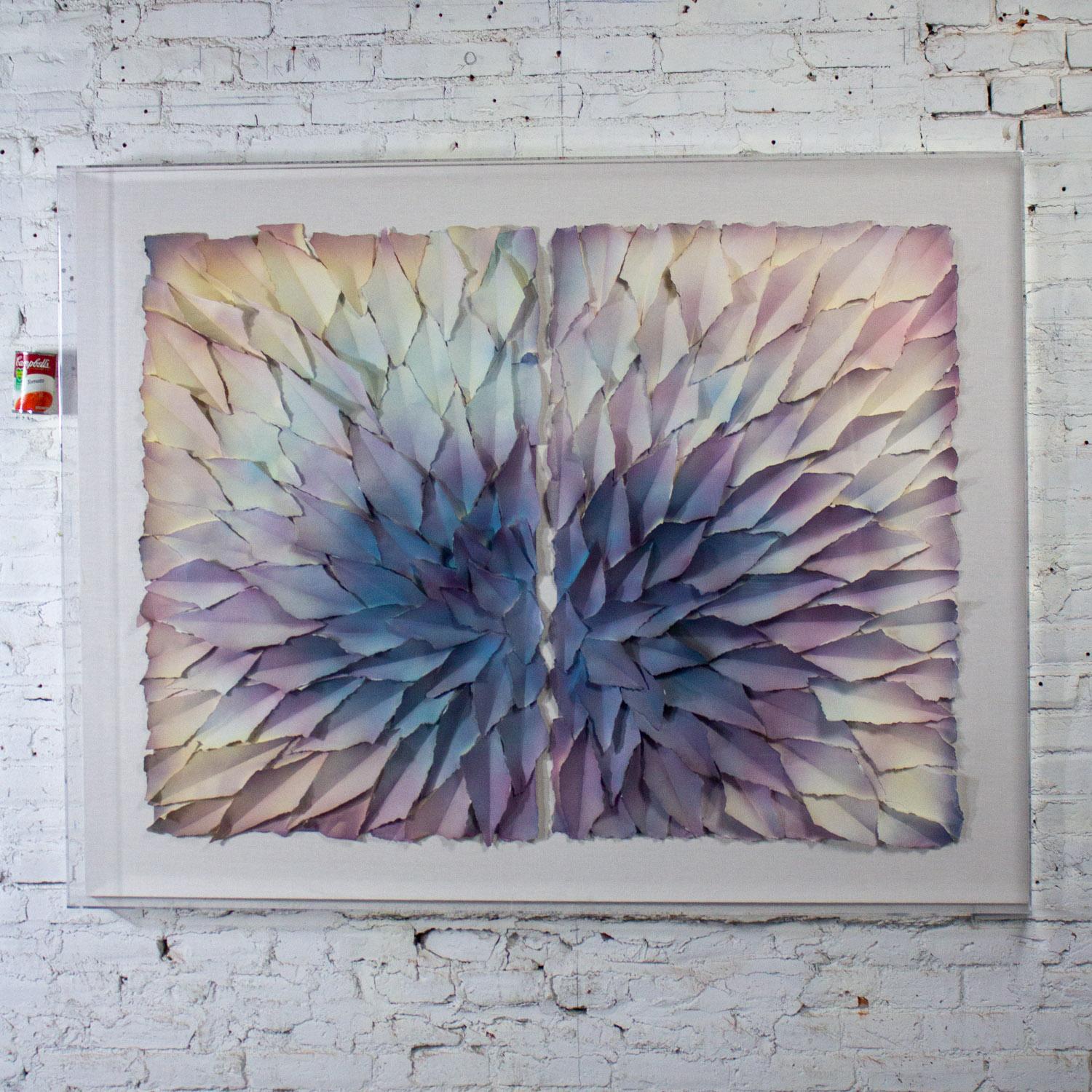 Abstrakt Gemischte Medien Monumental 3D Diptychon Gemalt & Zerrissen Papier Blütenblätter Wandkunst im Angebot 9