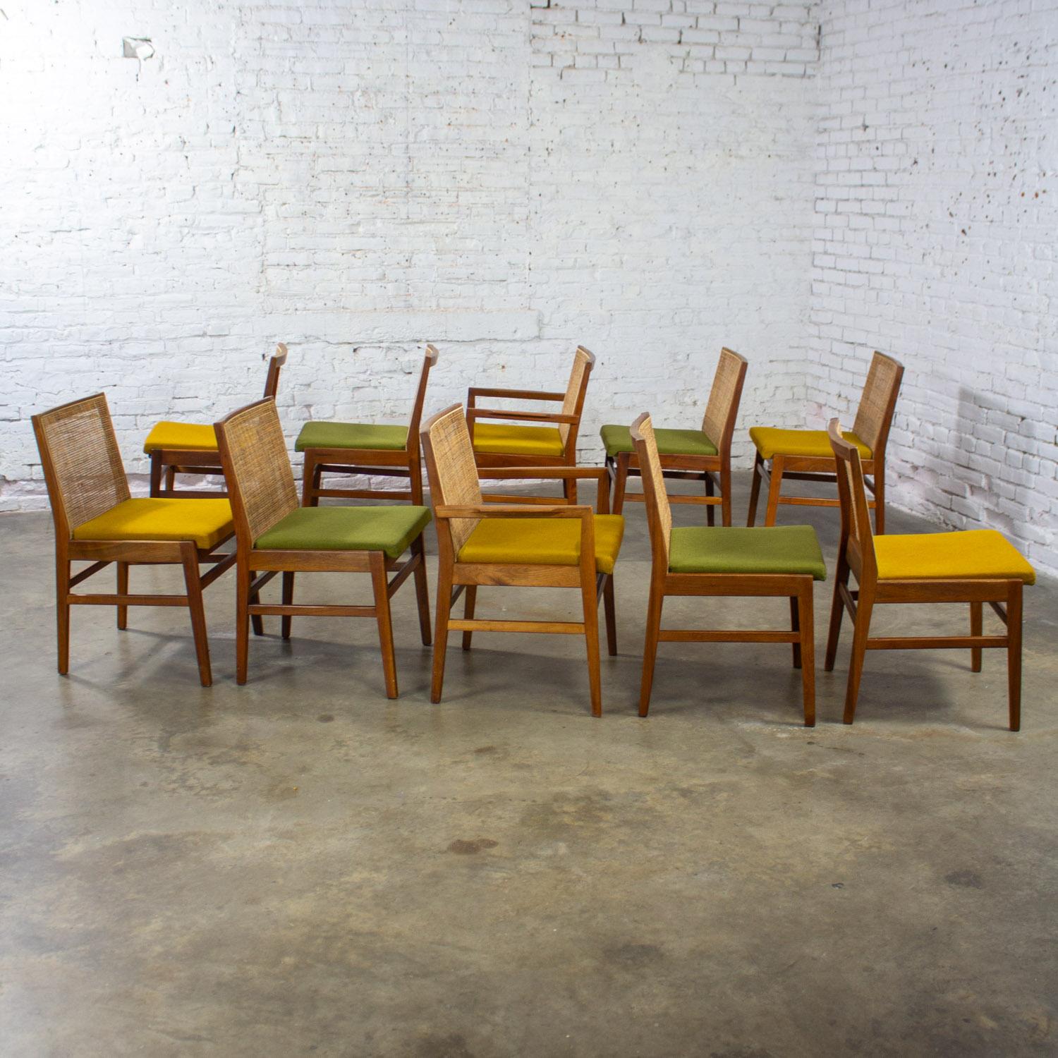 1960's MCM Hibriten Satz von 10 Nussbaum & Cane Esszimmerstühle 2 bewaffnet und 8 Seite (20. Jahrhundert) im Angebot