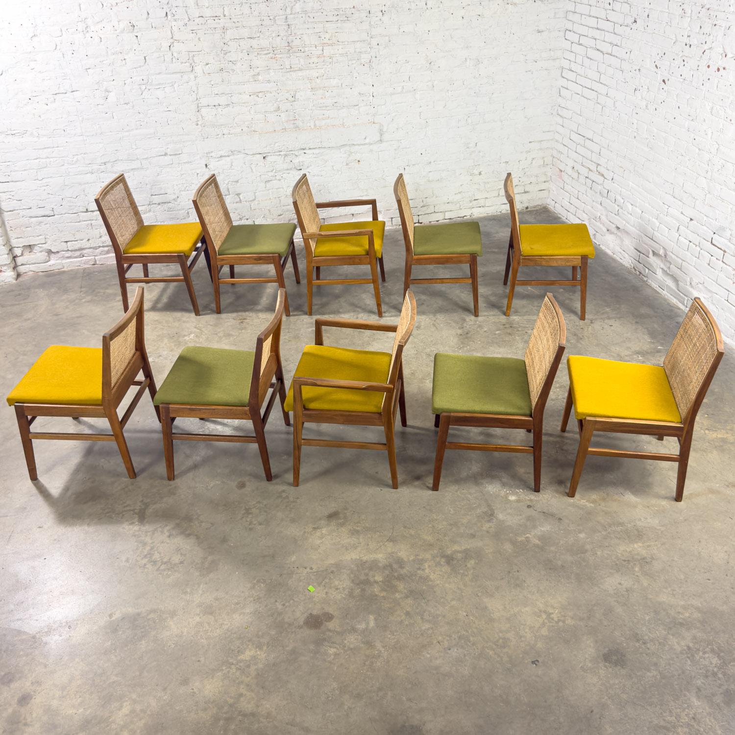1960's MCM Hibriten Satz von 10 Nussbaum & Cane Esszimmerstühle 2 bewaffnet und 8 Seite im Angebot 9