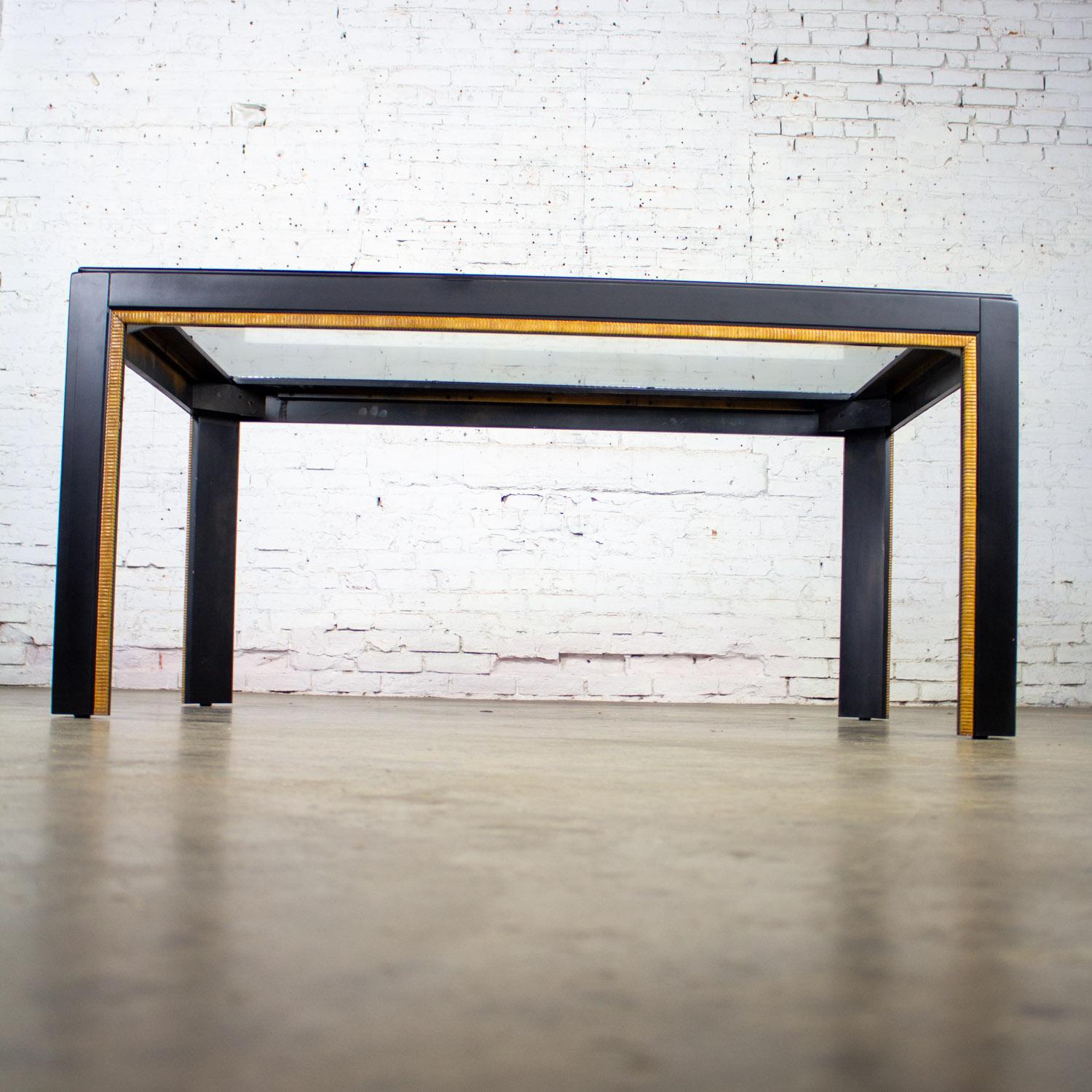 Modern Parsons Style Dining Table Black Painted w/Faux Rattan Trim & Glass Inset For Sale 9