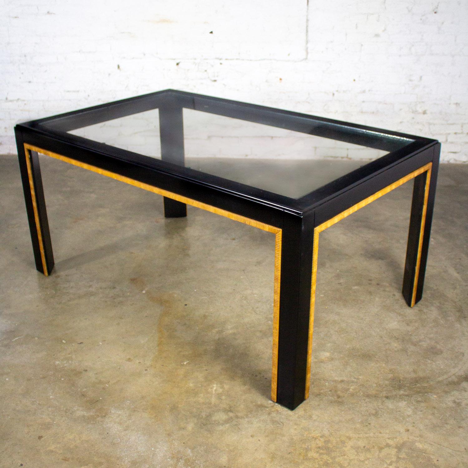20th Century Modern Parsons Style Dining Table Black Painted w/Faux Rattan Trim & Glass Inset For Sale