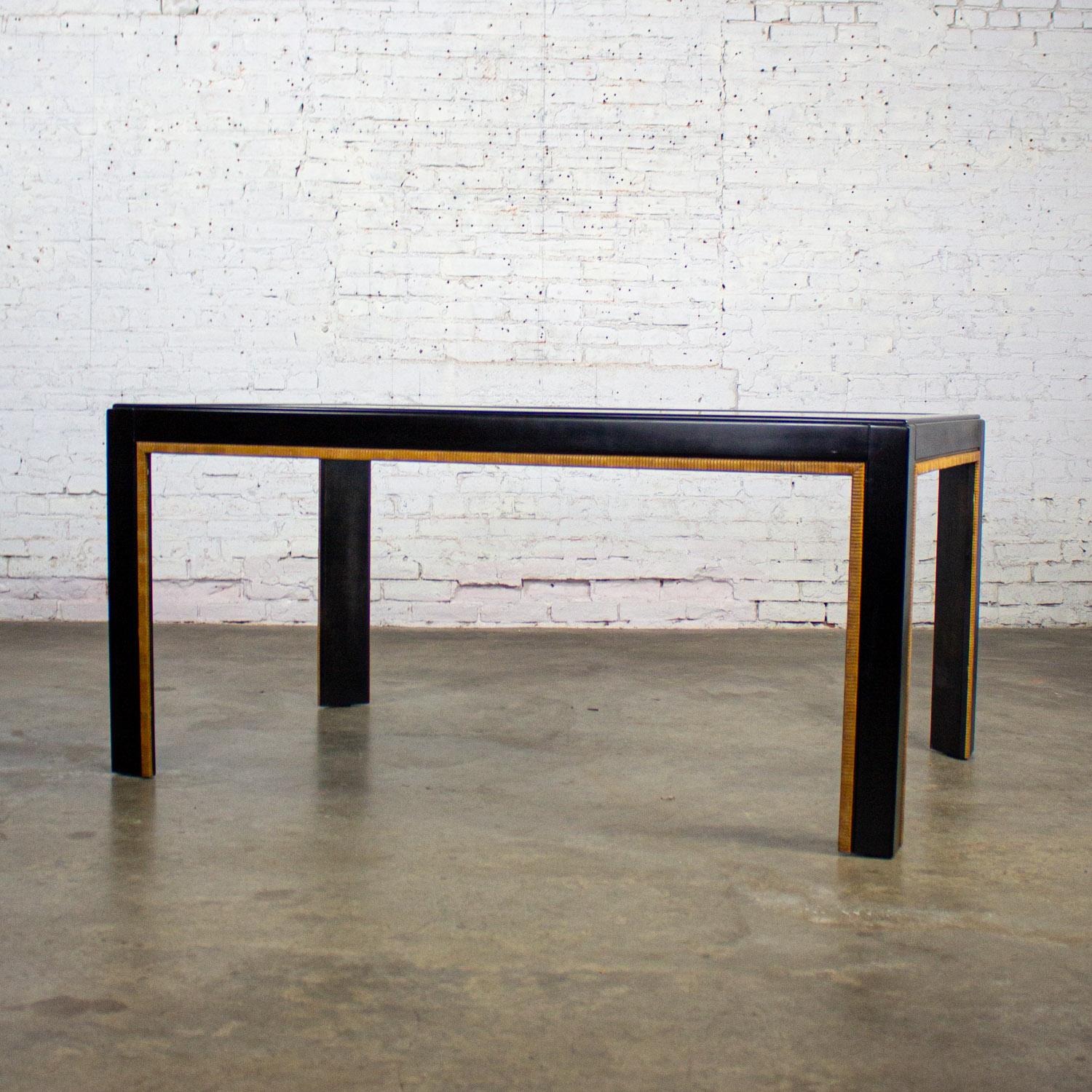 American Modern Parsons Style Dining Table Black Painted w/Faux Rattan Trim & Glass Inset For Sale