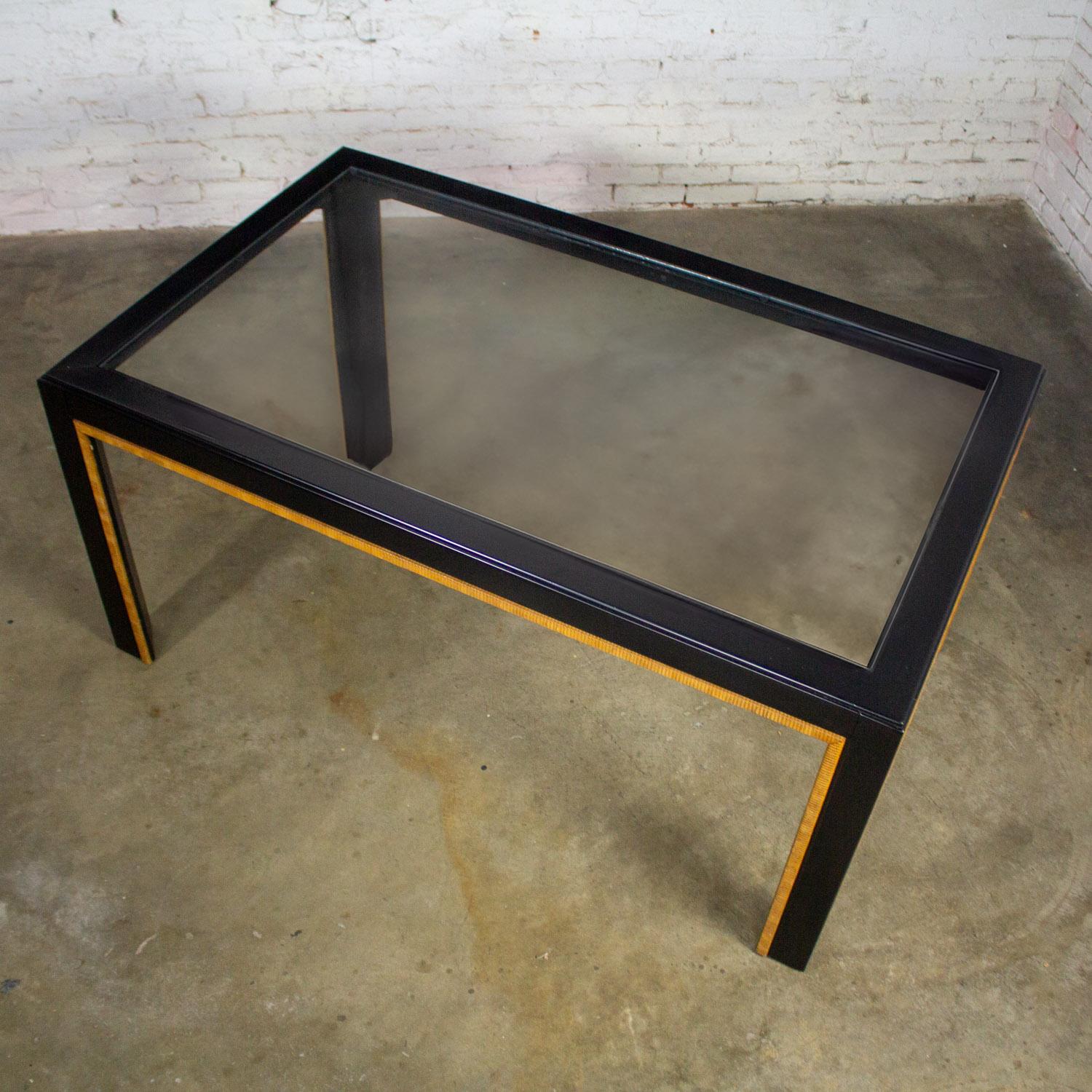 Modern Parsons Style Dining Table Black Painted w/Faux Rattan Trim & Glass Inset For Sale 1