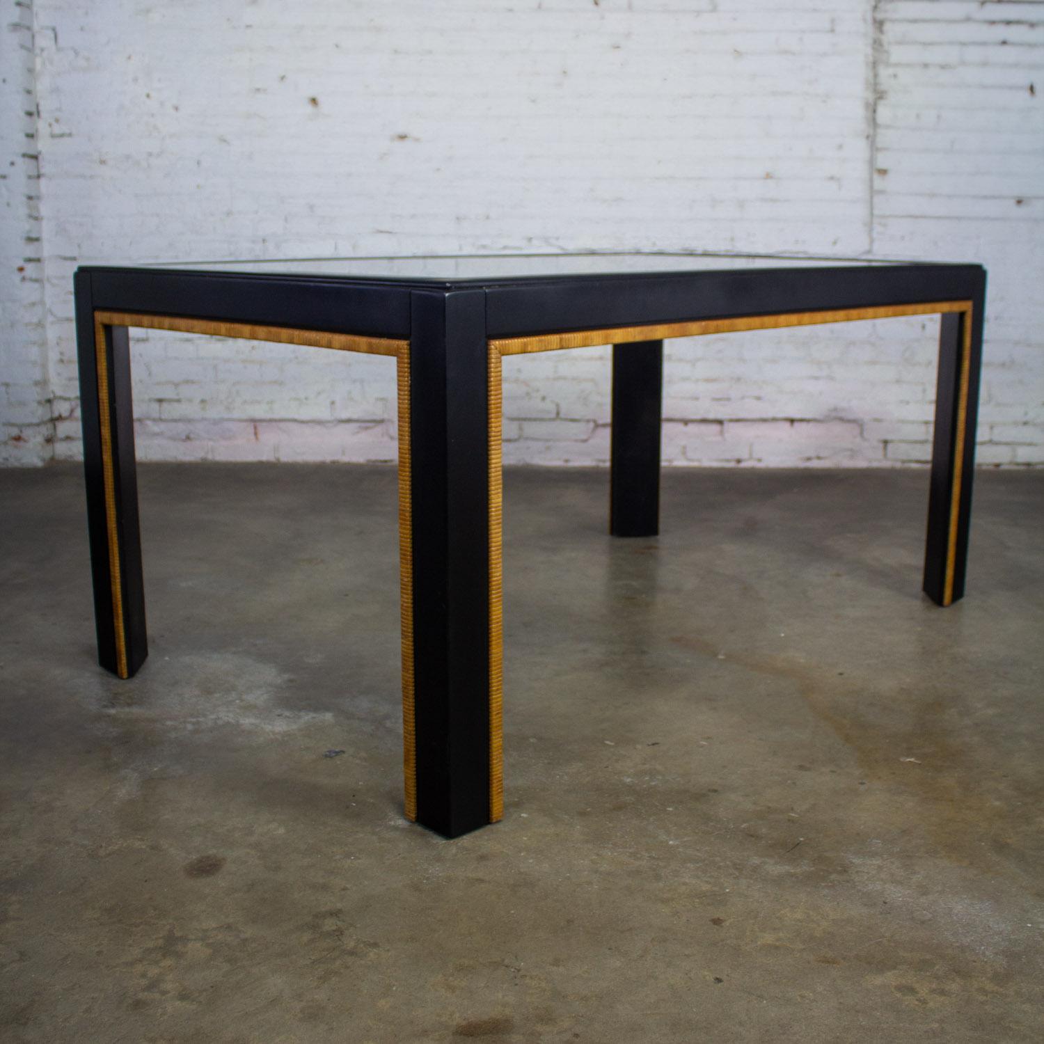 Modern Parsons Style Dining Table Black Painted w/Faux Rattan Trim & Glass Inset For Sale 4