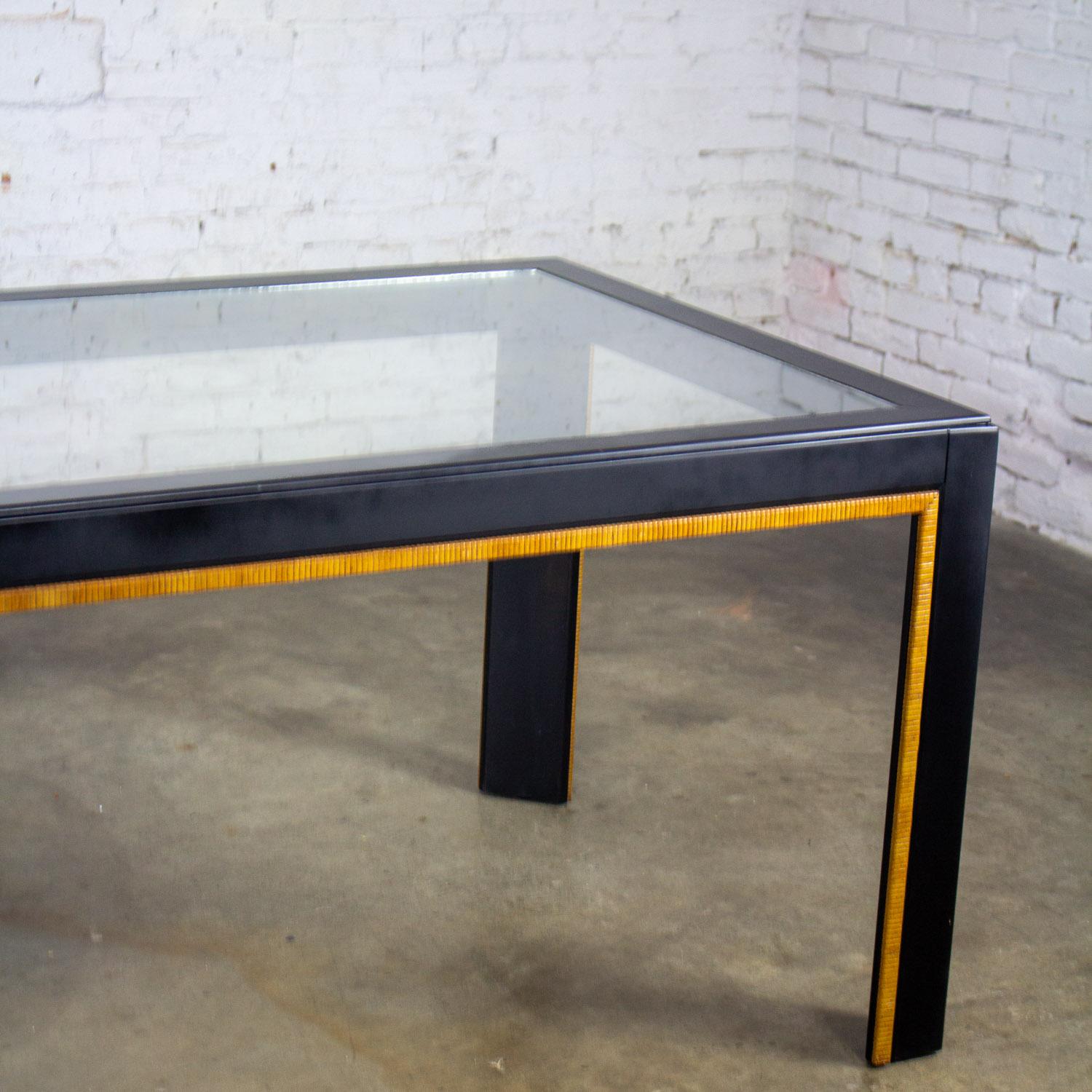 Modern Parsons Style Dining Table Black Painted w/Faux Rattan Trim & Glass Inset For Sale 8