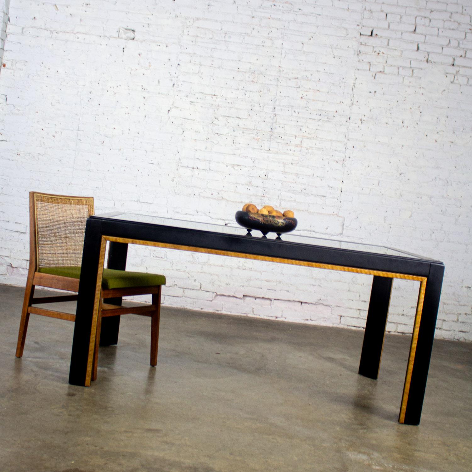 Modern Parsons Style Dining Table Black Painted w/Faux Rattan Trim & Glass Inset For Sale 6