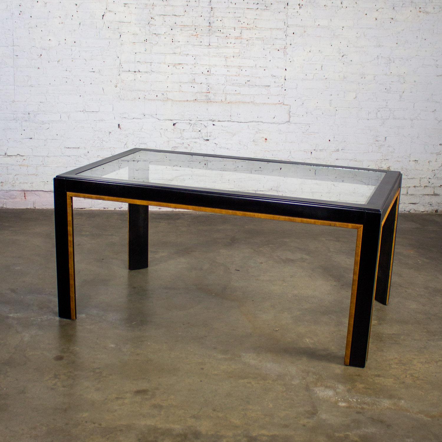 Modern Parsons Style Dining Table Black Painted w/Faux Rattan Trim & Glass Inset For Sale 12