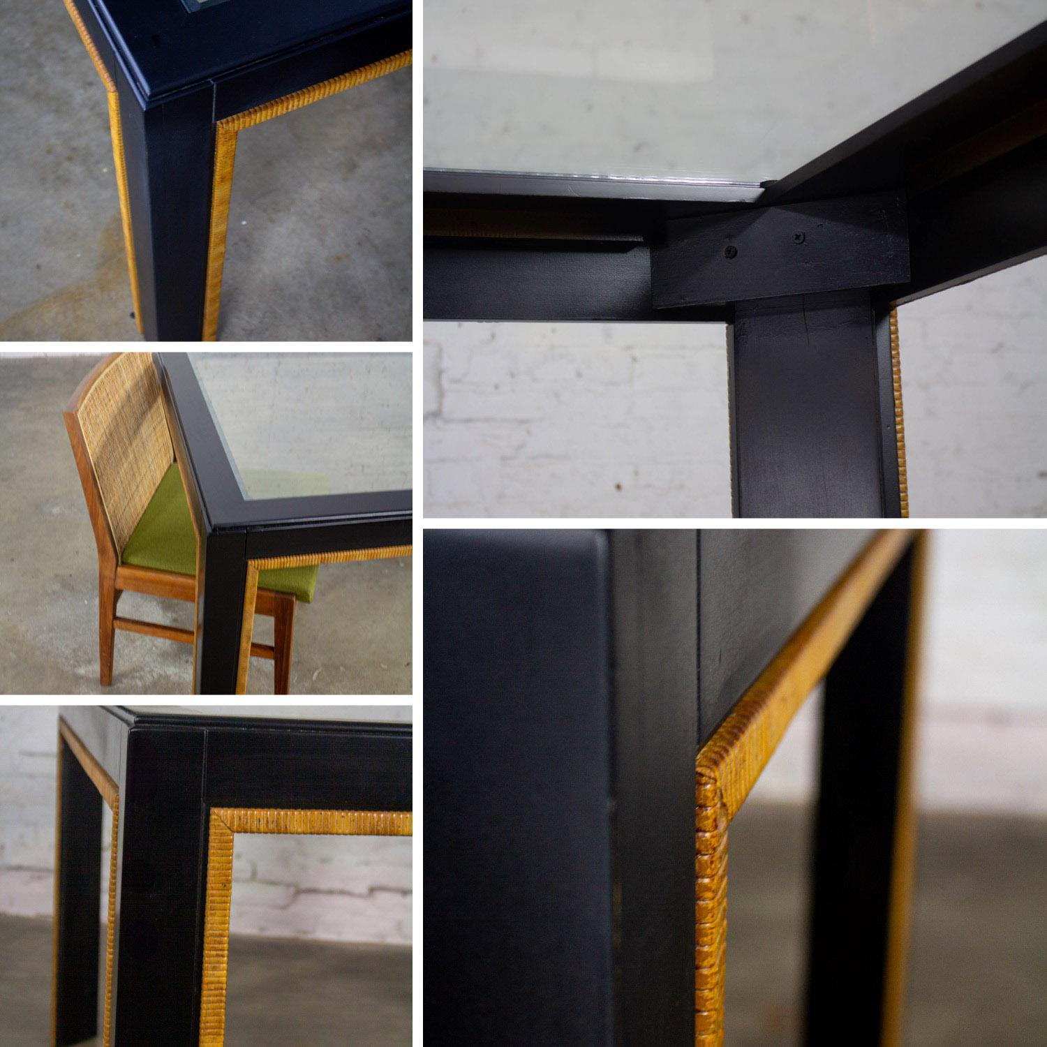 Modern Parsons Style Dining Table Black Painted w/Faux Rattan Trim & Glass Inset For Sale 10