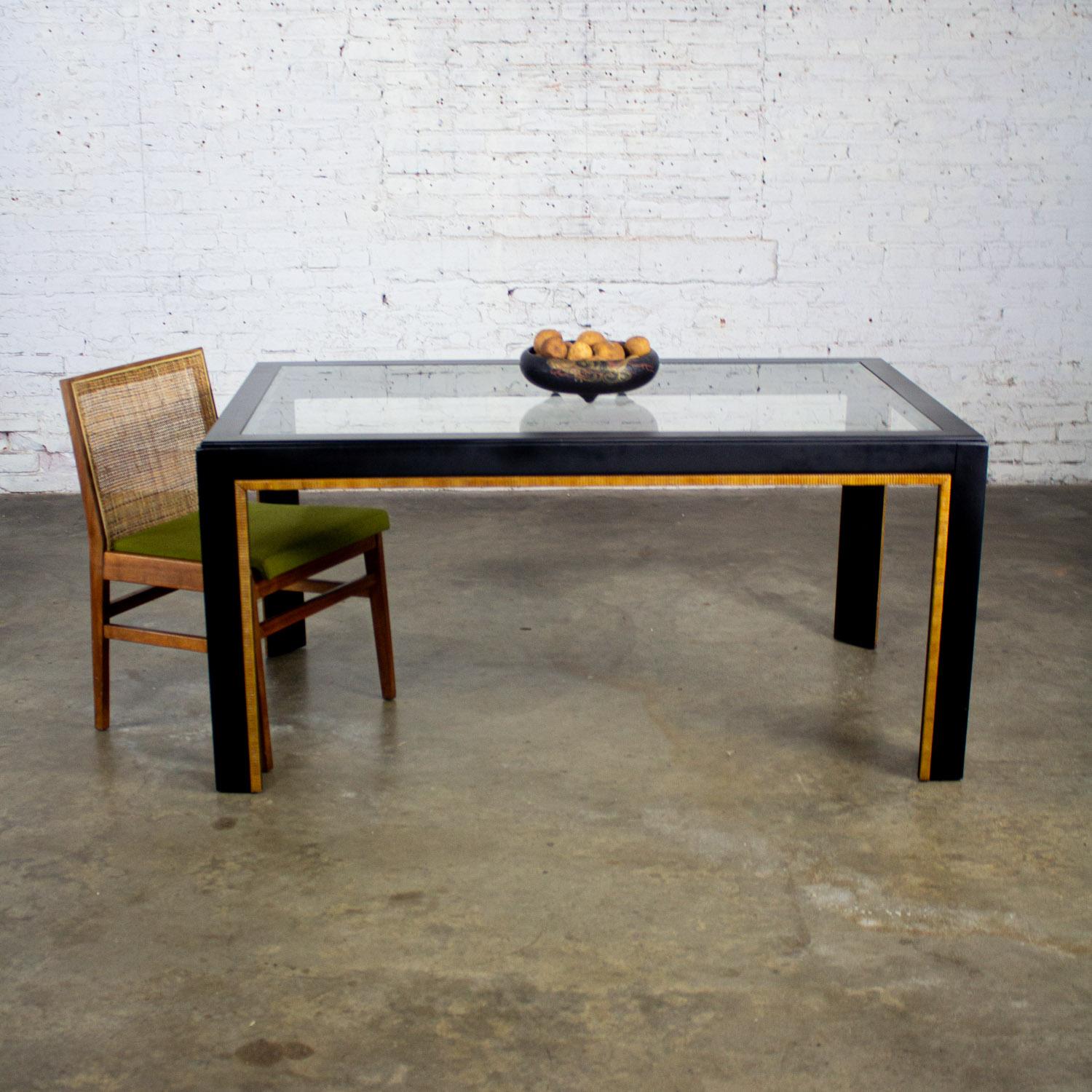 Modern Parsons Style Dining Table Black Painted w/Faux Rattan Trim & Glass Inset For Sale 5
