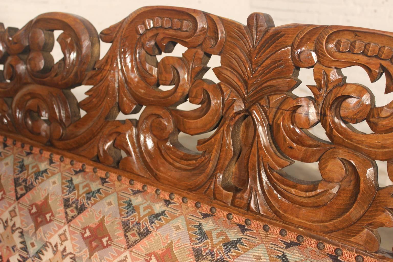 Spanish Colonial Hacienda-Style Spanish or Mexican Carved Pine and Upholstered Vintage Bench Sofa