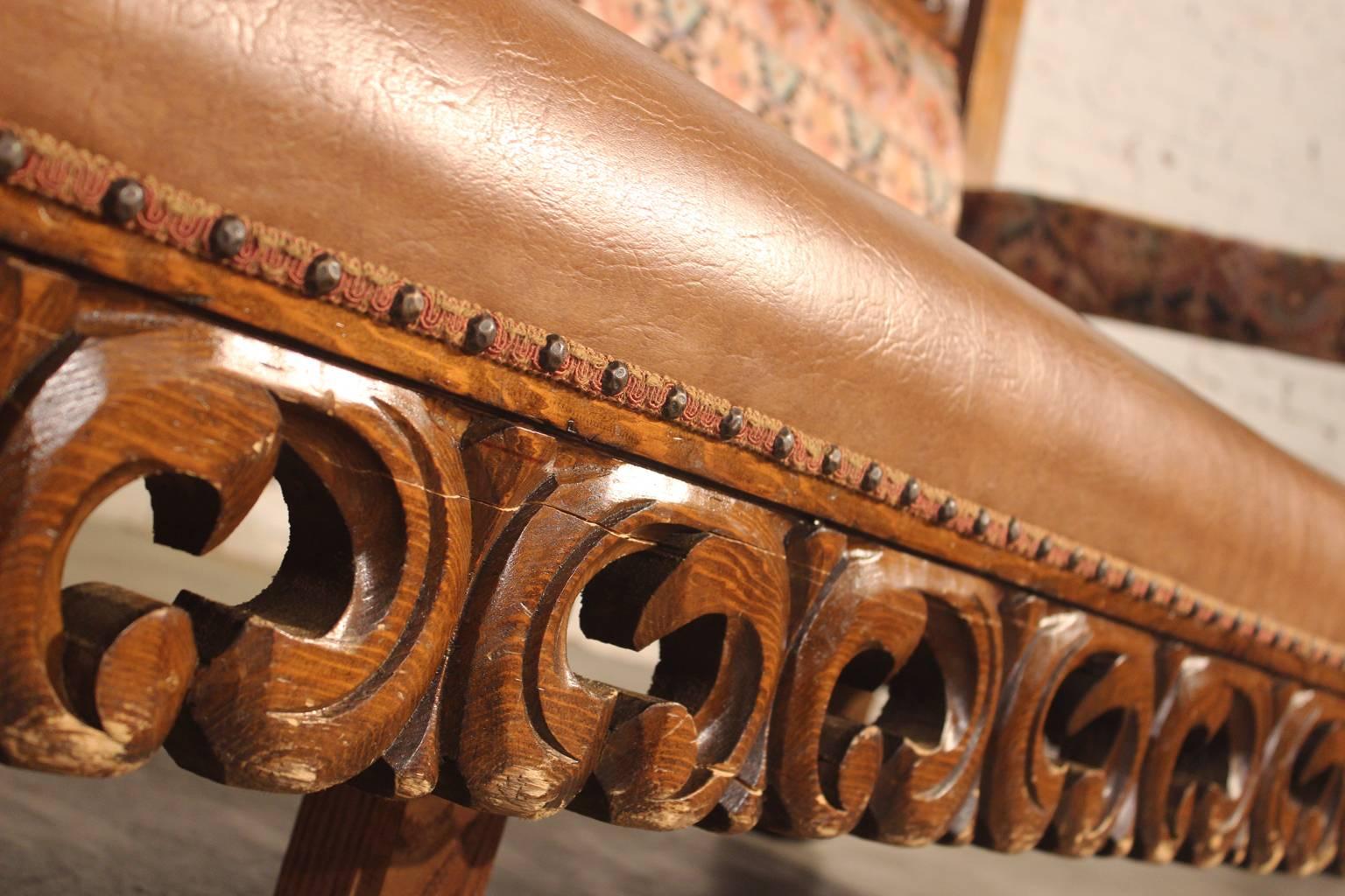 Hacienda-Style Spanish or Mexican Carved Pine and Upholstered Vintage Bench Sofa In Good Condition In Topeka, KS