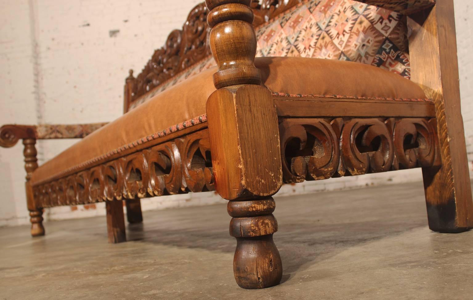20th Century Hacienda-Style Spanish or Mexican Carved Pine and Upholstered Vintage Bench Sofa