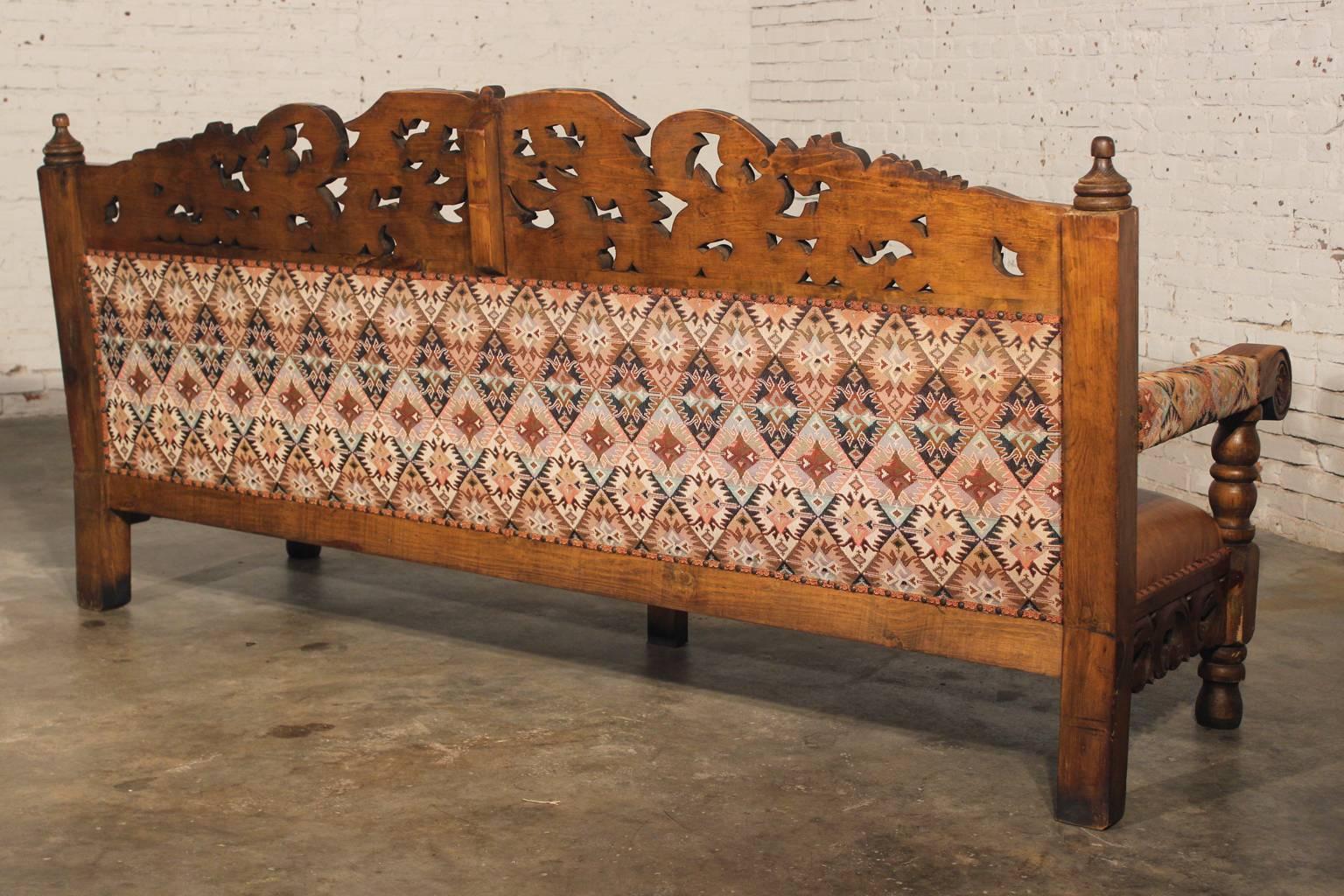 Fabric Hacienda-Style Spanish or Mexican Carved Pine and Upholstered Vintage Bench Sofa