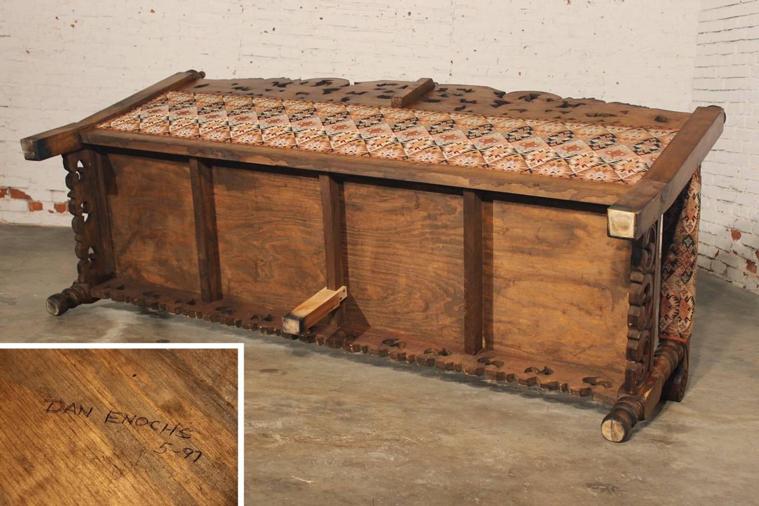 HaciendaStyle Spanish or Mexican Carved Pine and Upholstered Vintage