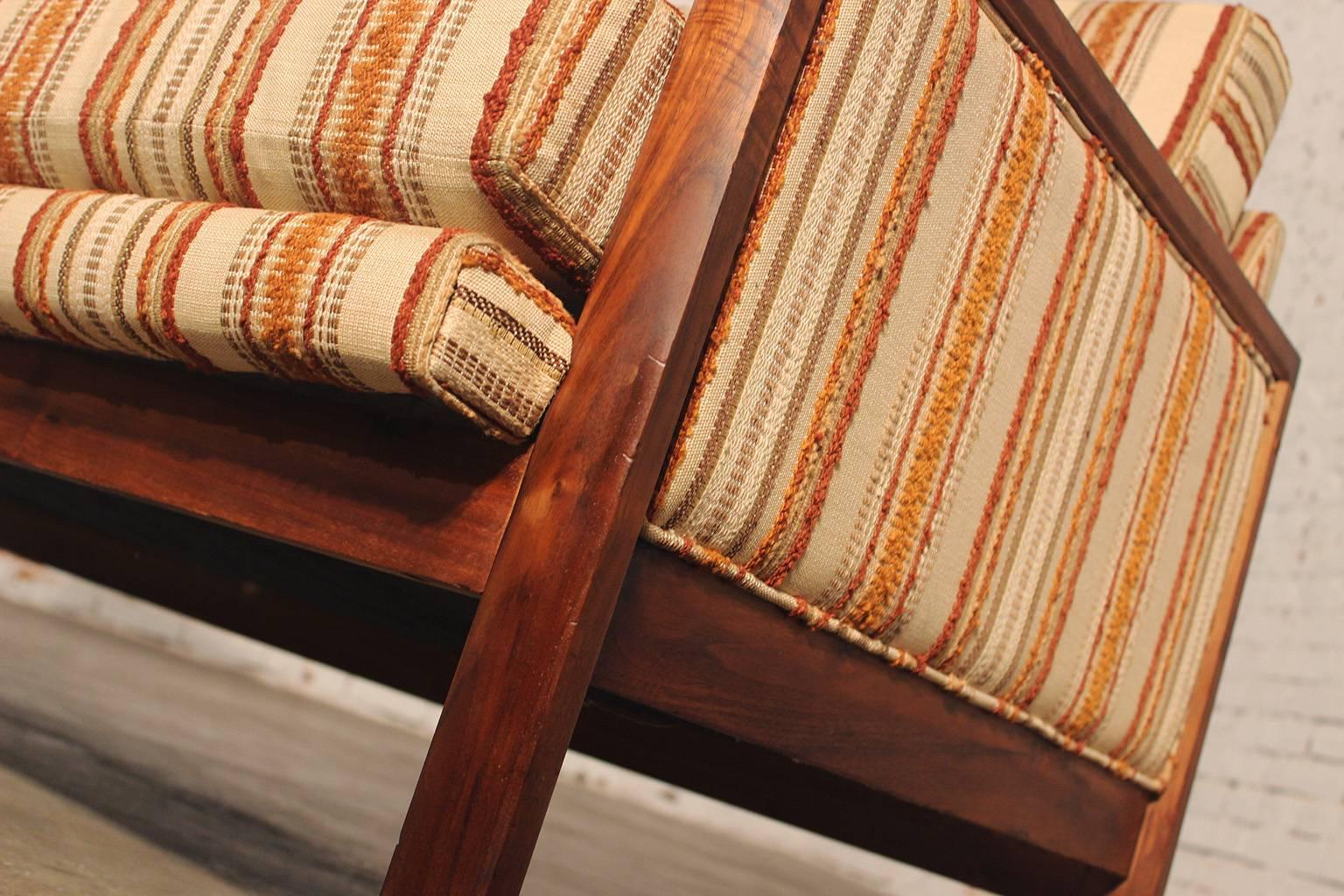 Fabric Mid Century Modern Walnut Trimmed Sofa