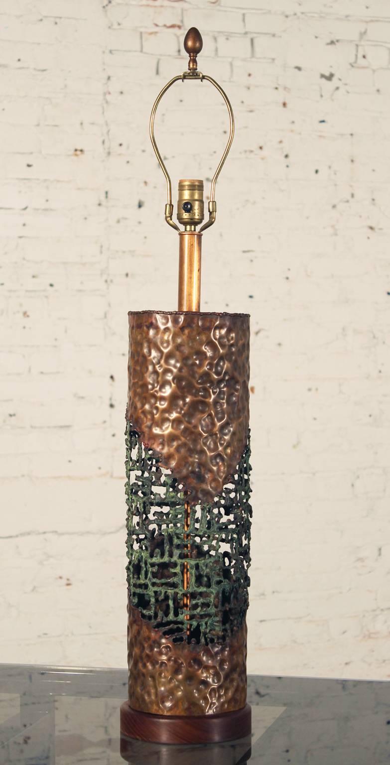 Italian Marcello Fantoni for Raymor Torch-Cut Copper Brutalist Table Lamp Mid Century