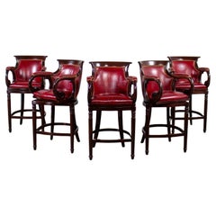 Traditional Neoclassic Style Hancock & Moore Red Leather & Wood Barstools Set 5