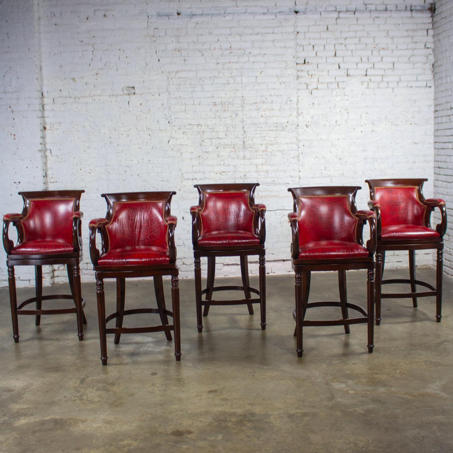 Traditional Neoclassic Style Hancock & Moore Red Leather & Wood Barstools Set 5 In Good Condition For Sale In Topeka, KS