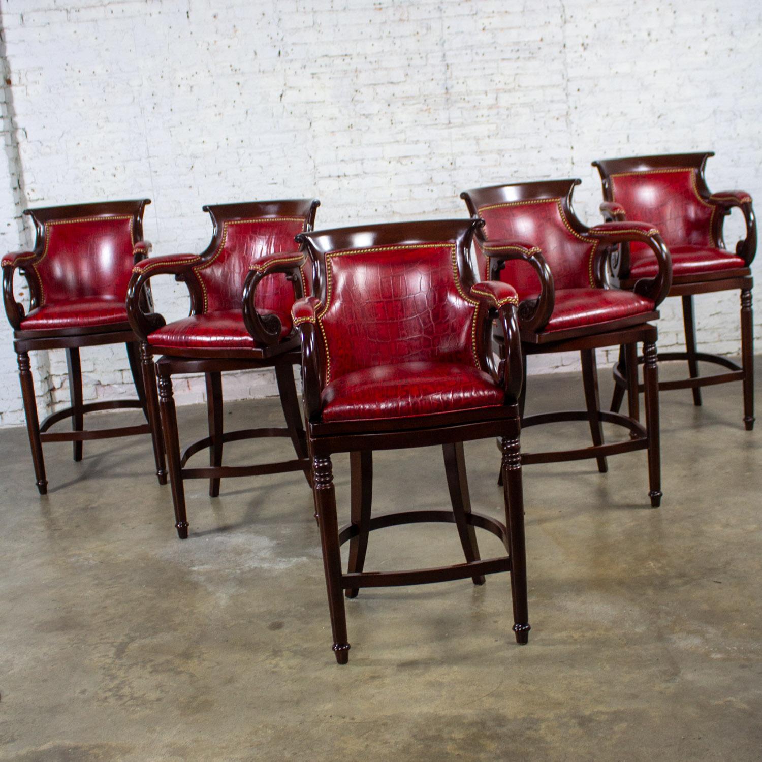 American Traditional Neoclassic Style Hancock & Moore Red Leather & Wood Barstools Set 5 For Sale