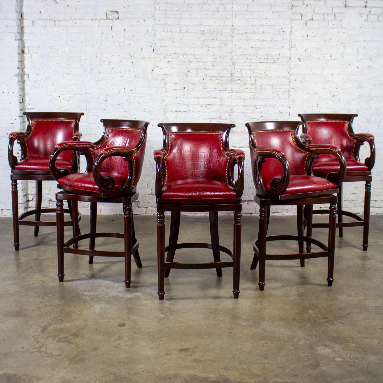 Traditional Neoclassic Style Hancock & Moore Red Leather & Wood Barstools Set 5 For Sale 13
