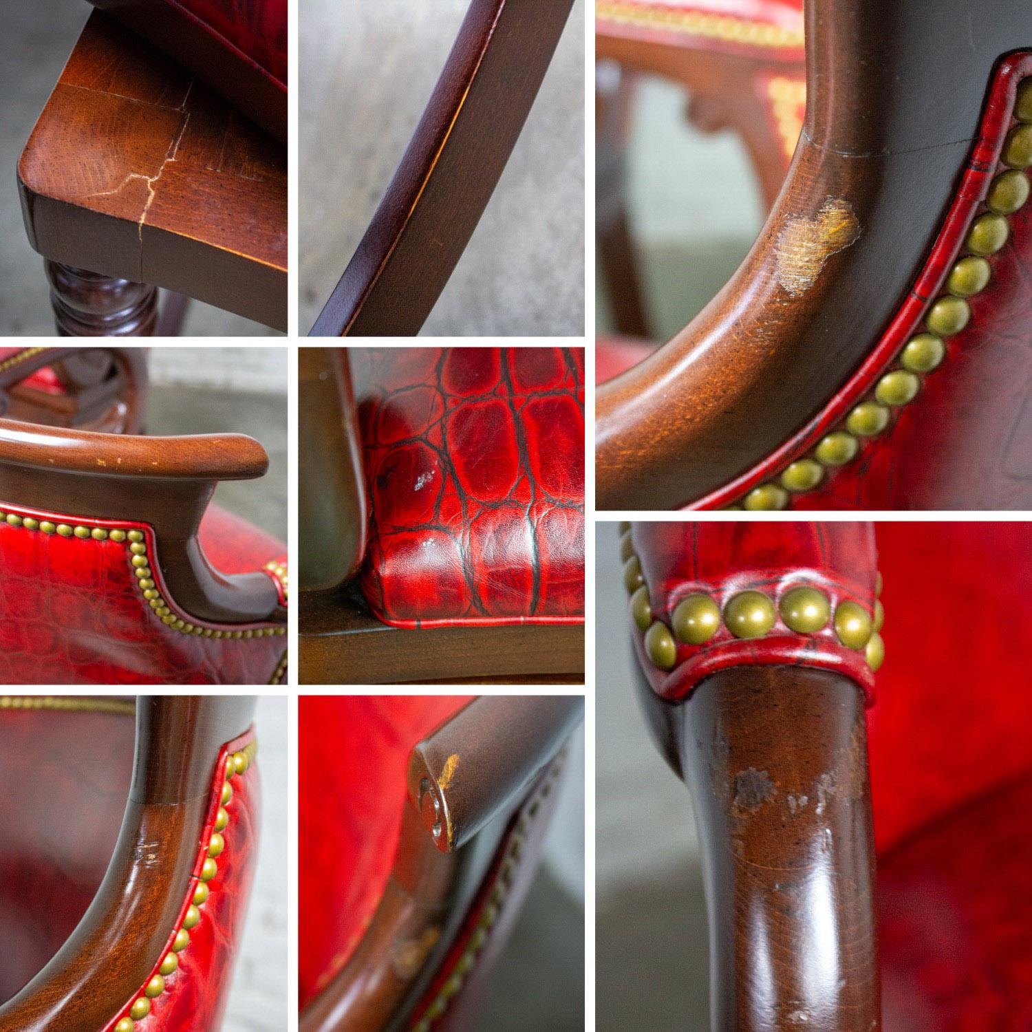 Traditional Neoclassic Style Hancock & Moore Red Leather & Wood Barstools Set 5 For Sale 12