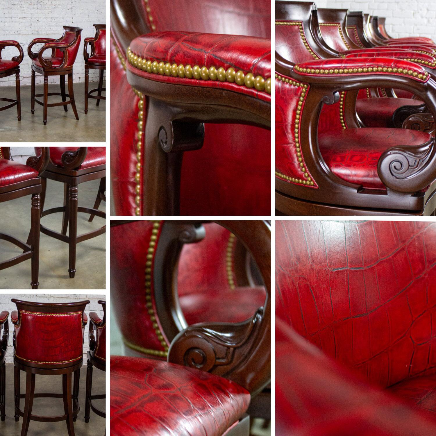 Traditional Neoclassic Style Hancock & Moore Red Leather & Wood Barstools Set 5 For Sale 11