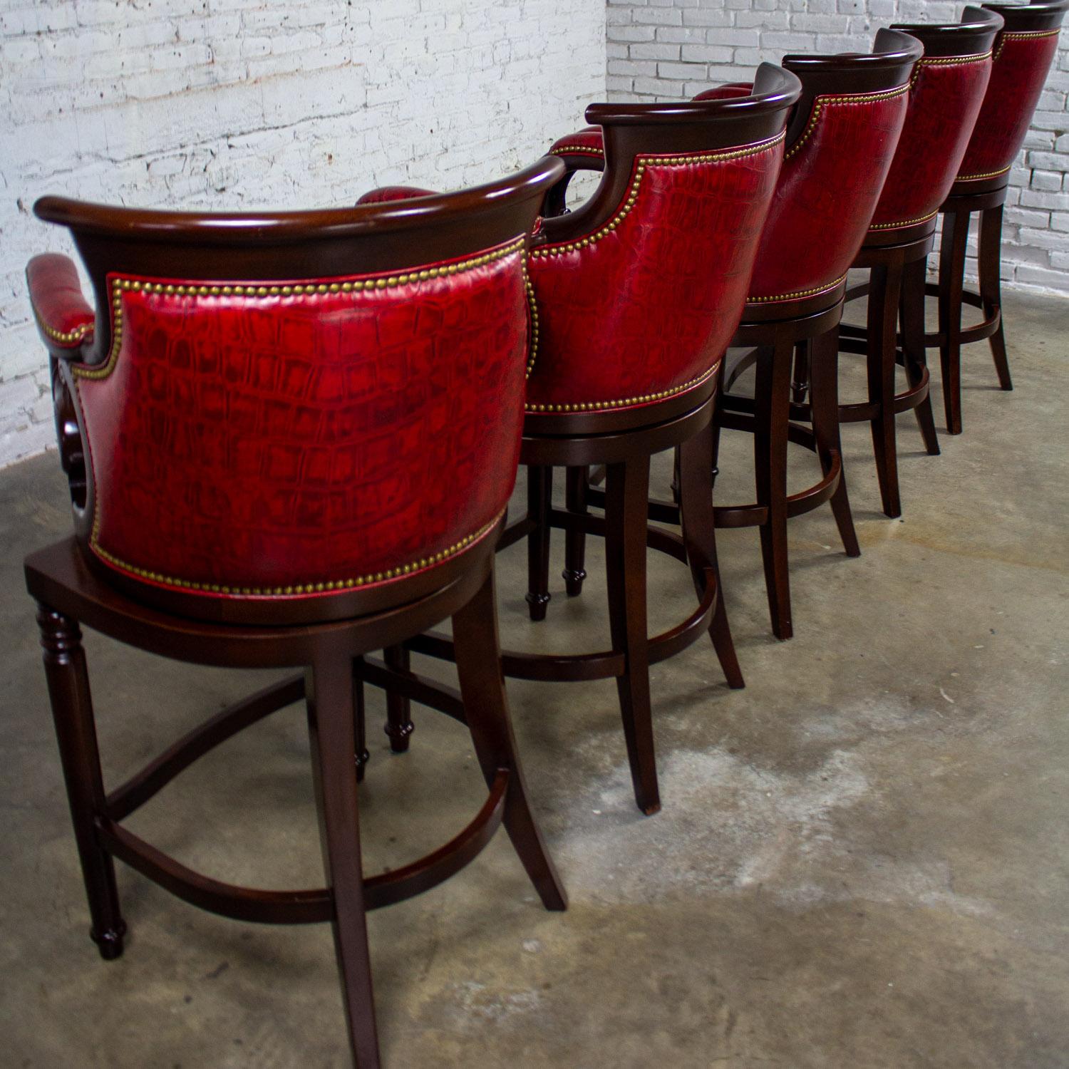 Traditional Neoclassic Style Hancock & Moore Red Leather & Wood Barstools Set 5 For Sale 3