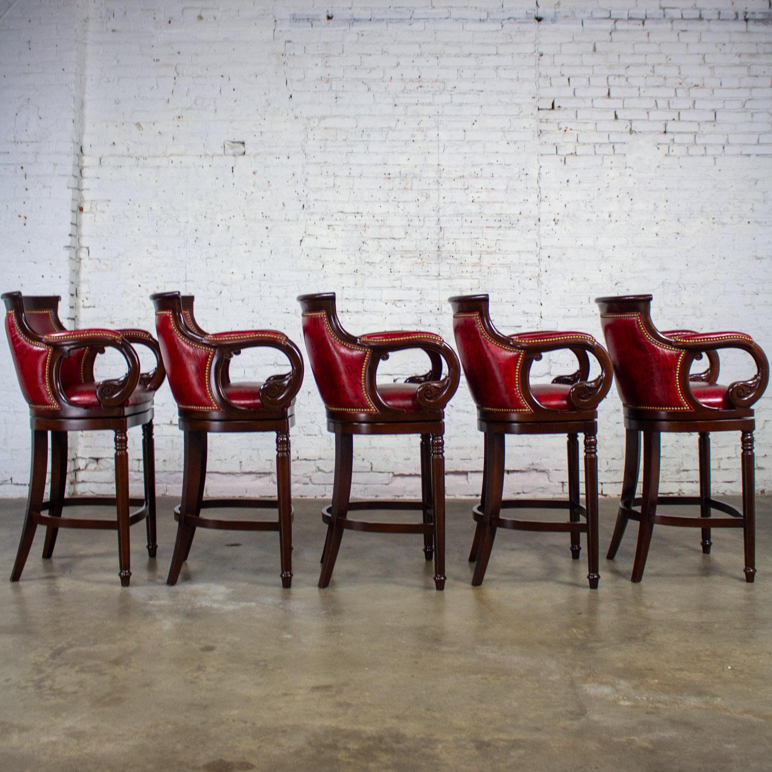Traditional Neoclassic Style Hancock & Moore Red Leather & Wood Barstools Set 5 For Sale 4